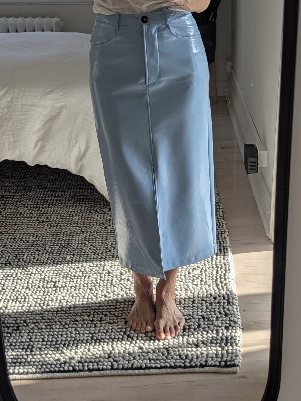 Faux Leather Midi Skirt in Powder Blue with Front Slit